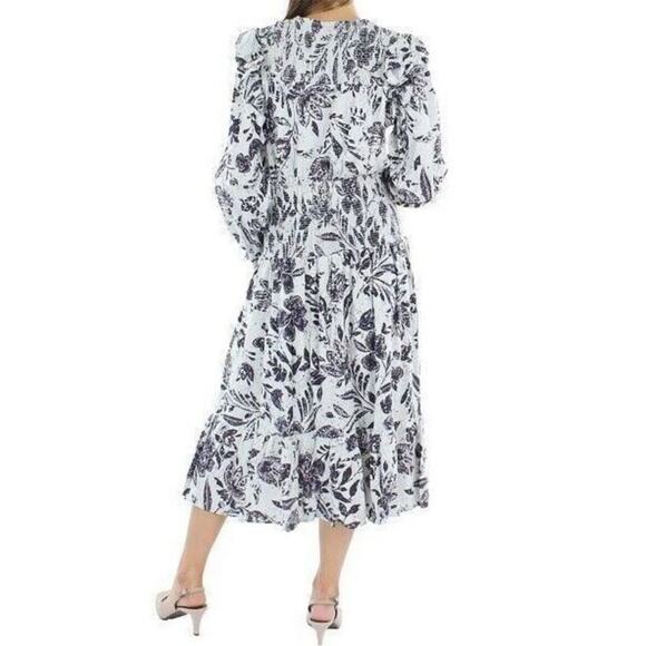 AQUA Linen Blend Smocked Tiered V Neck Ling Sleeve Blue Print Dress NWT Small - Picture 2 of 11